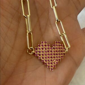 14K Gold-Plated Chocker Chain Necklace with Pink Heart Pendant